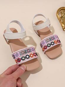 1 par de sandalias bordadas con rhinestones para niñas 2026, con parte superior de piel sintética, correa de tobillo, tacón bajo de bloque, estilo bohemio casual, adecuadas para uso diario casual y al aire libre en verano - Multicolor - Ver 3