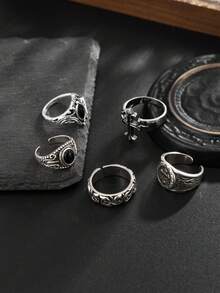 5pcs Vintage Gothic Geometric Metal Ring Set, Punk Cross Rings, Black Faux Gem Adjustable Rings, Ideal Holiday Gift For Men, Charming Jewelry - Antique Silver - View 4