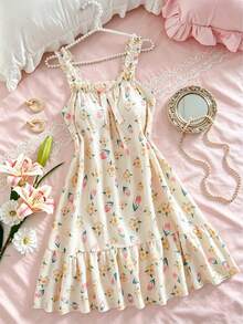 Women's Sweet Countryside Style Ditsy Floral Bow Ruffle Trim Sleeveless Nightgown, Comfortable & Elegant Loungewear, Off Shoulder Sleepwear - Beige - View 1