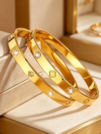 2pcs Minimalist Stainless Steel Bangle Bracelets With Four-Leaf Clover Glass Inlay, Suitable For Women's Daily, Work, Or Travel Wear