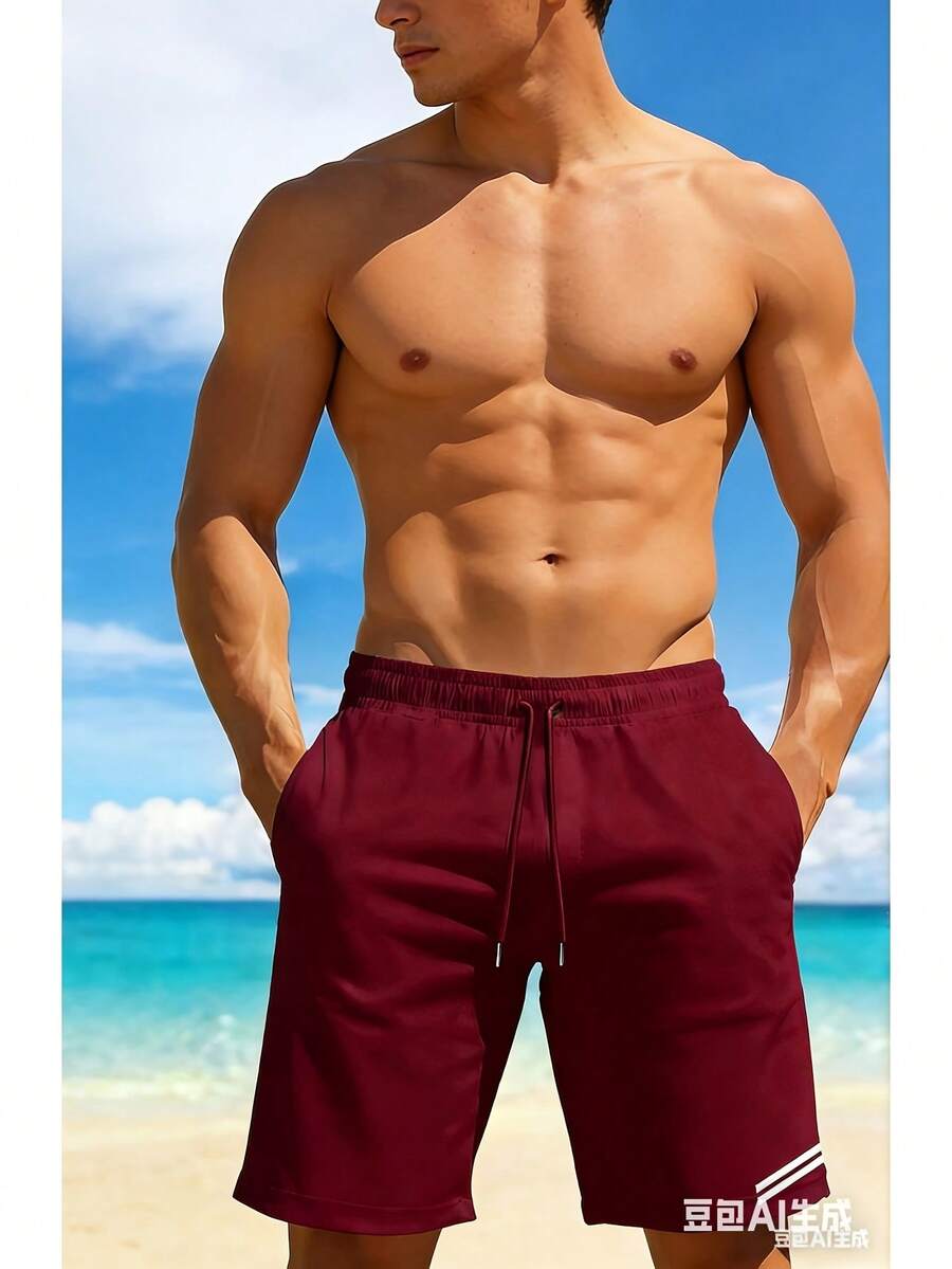 Quick-Dry Beach Shorts With Coastal Scenery Print, Lightweight Drawstring Beach Shorts, Casual, Slightly Stretchy, Perfect For Summer Vacations, Surfi - 酒紅色 - 查看 1