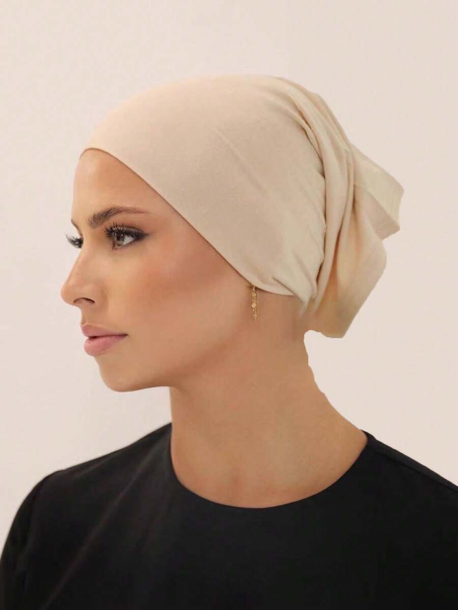 1pc Women's Solid Color Tube Hijab Cap, Basic Underscarf,Travel Essential,Beach Towel - Beige - View 1
