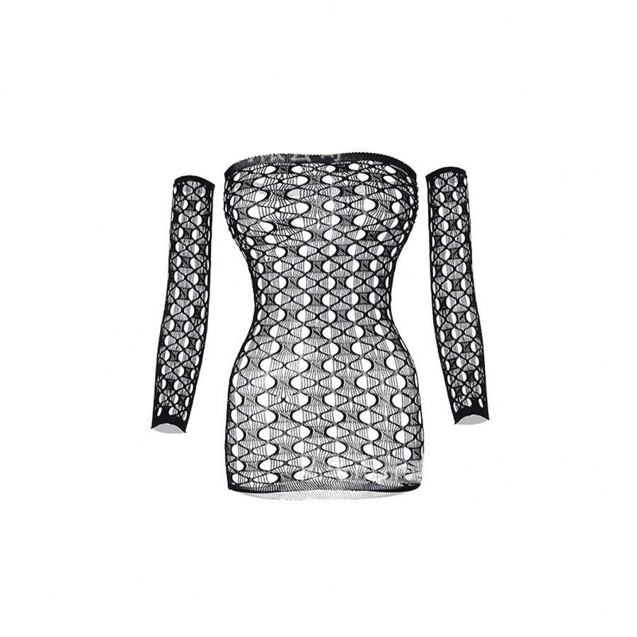 New Fishnet Mesh Two-Piece Set, Strapless Bandeau Hollow Out Outfit, Sheer See-Through Bodycon Mini Dress Suit For Party Styling - 黑色 - 查看 1