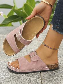 Sandalias de mujer talla grande 36-43 de verano con suela suave antideslizante, hebilla de metal ajustable y doble correa. Sandalias planas de punta descubierta con suela gruesa para uso casual, paseos, compras. Color rosa claro mate de piel sintética, elegantes y versátiles. - Escarchado rosa - Ver 5