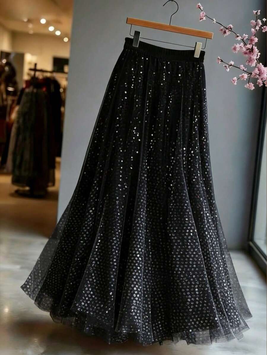 High Waist Sheer Sequin Mesh Skirt, Women's Summer Flowy A-Line Skirt, Suitable For Brunch Occasions Vacation Spring Black