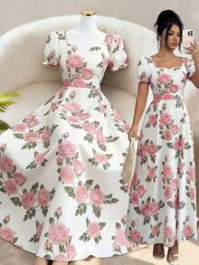 Elenzya Women's Floral Rose Print Square Neck Cinched Waist A-Line Puff Sleeve Elegant Everyday Vacation Commute Fashion Valentine's Day Date French Street Retro Versatile Party White Base Red Rose Print Early Spring/Spring Summer Short Sleeve New Mid-Length Dress - 粉色 - 查看 5