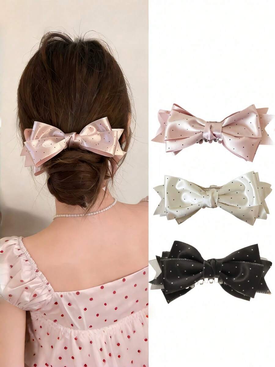 1pc Polka Dot Bow Hair Clip, Elegant Satin Banana Clip Suitable For Half-Up Hairstyles, Sweet Hair Accessory For Daily Wear & Parties - Multicolor - View 1