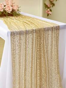 Gold Sequin Table Runner And Tablecloth Set - Shiny Gold Wedding, Party, Event Decor - Square Tablecloth With Tassel Trim (Fabric), Suitable For Dining Table Center Decor, Special Occasions - Multicolor - View 5