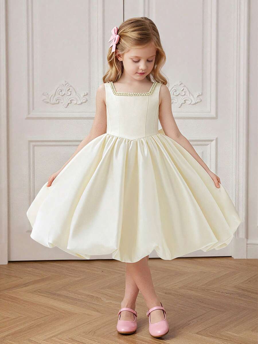 Elegant Satin Bowknot Back Flower Girl Dress For Birthday Party, School Dance, Without Headband - Champagne - View 1