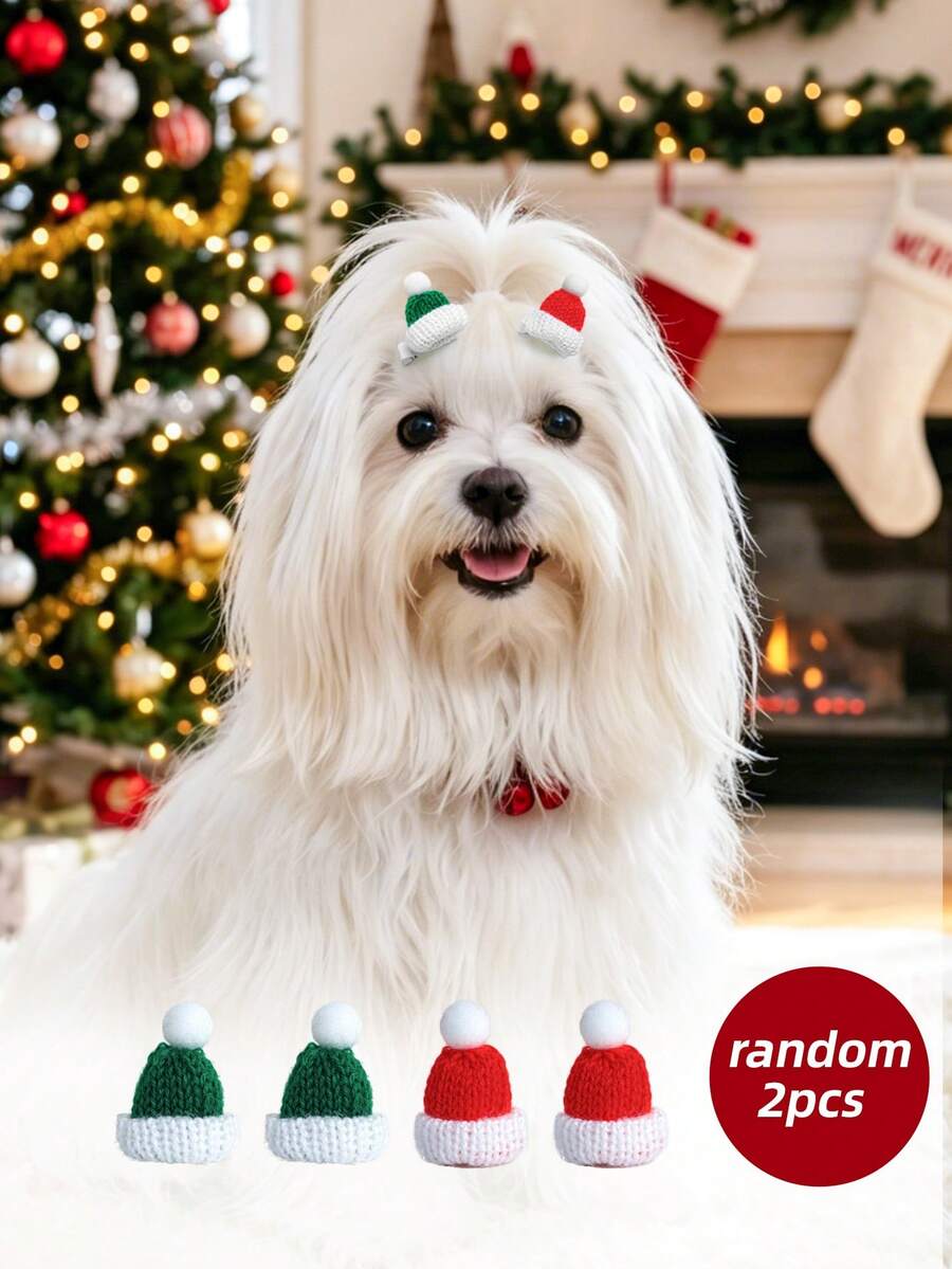 PETCIRCLE 2pcs Random Color Pet Dog Headwear, Cat Headband, Small Animals Accessories, Cute Chihuahua Puppy Hair Clips, Mini Christmas Hats - Multicolor - View 1