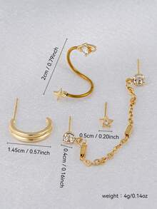 Set Anting Rantai CZ Bintang Emas Saturnus - 4 Buah Anting Tusuk Tulang Rawan & Anting Lingkaran Huggie dengan Rantai Gantung untuk Wanita, Perhiasan Tindik Telinga yang Dapat Ditumpuk - Yellow Gold - View 2