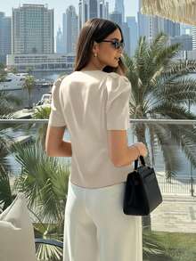 Petite Women's Summer Top, Commuter, Holiday Wear, Casual Top, Birthday, Outing Top, Elegant Round Neck Top, Puff Short Sleeve Front Button Top, Fashionable Elegant Short Sleeve Thin Lightweight Top - Apricot - View 3