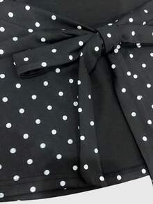 Women's Fashion Plunging Neck Tie Polka Dot Ruched Bandeau Top Casual Black Summer - Black - View 4