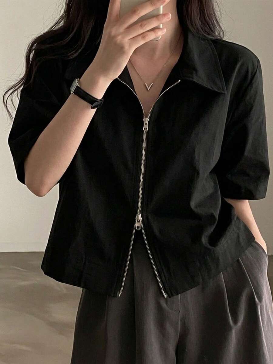 女士复古简约 Polo 领双拉链设计衬衫，夏季黑色 - 黑色 - 查看 1
