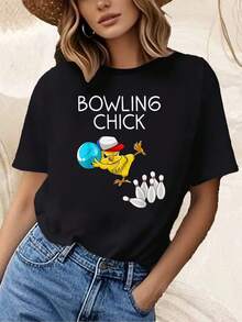 Bowling Chick T Shirt Black Bowling Chick Cartoon Print And Text For Casual Wear Crew Neck Tee For Casual Wear Short Sleeve Lightweight Fabric For All Seasons - 黑色 - 查看 2