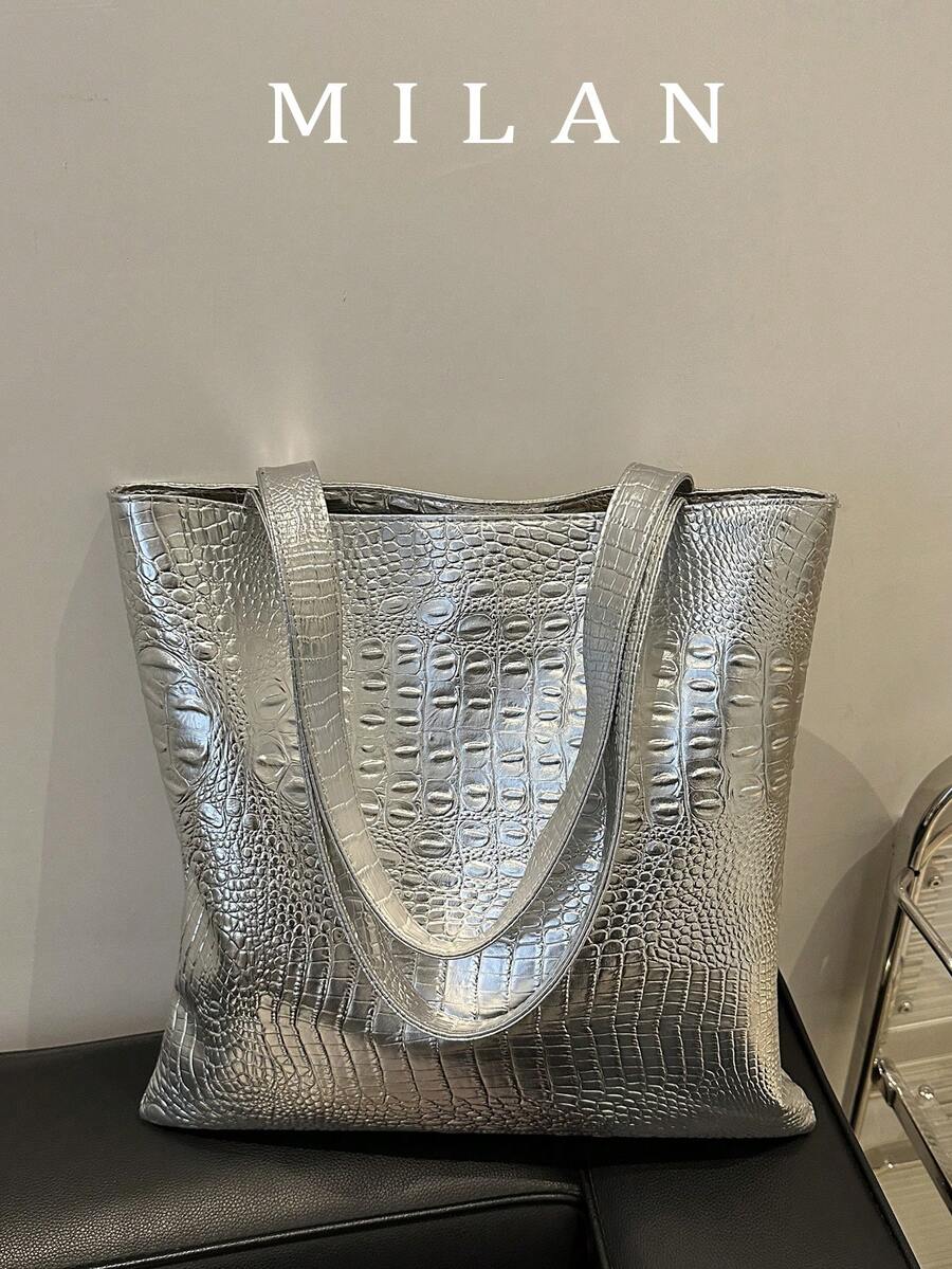 Large Capacity Shoulder PU Leather Tote Bag, Crocodile Embossed, Fashion European And American Style Commuter Bag, Suitable For School And Work