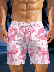 2026 Summer New Styles Romantic Pink Bow And Lips Pattern 3D Men's Printed Beach Pants Valentine's Day Gift For Her Spring Summer Fashion - trắng - Xem 1