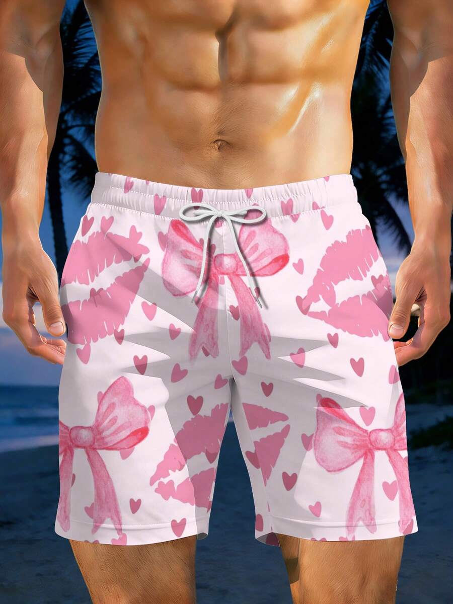 2026 Summer New Styles Romantic Pink Bow And Lips Pattern 3D Men's Printed Beach Pants Valentine's Day Gift For Her Spring Summer Fashion - trắng - Xem 1