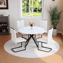 Dining Room Set With Round Marble Dining Table & Dining Chairs, Modern Kitchen Set Made Of Faux Leather & Cantilever Metal Frame For Dining Room & Kitchen - White - View 4