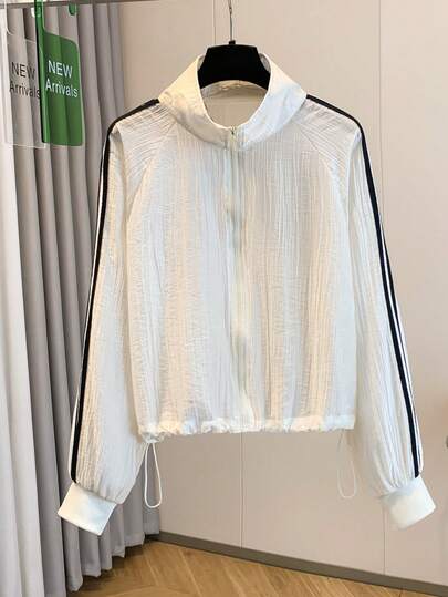 Women's Lightweight Summer Sheer Jacket, Minimalist Solid Color, Zipper Stand Collar, Ribbed Cuffs, Suitable For Daily Outings, Sports & Fitness, Minimalist Cover Up White