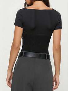 Casual Elegant Basic Short Sleeve Square Neck Top, Suitable For Daily Wear, Commuting, Going Out, Spring And Summer Black - Black - View 4