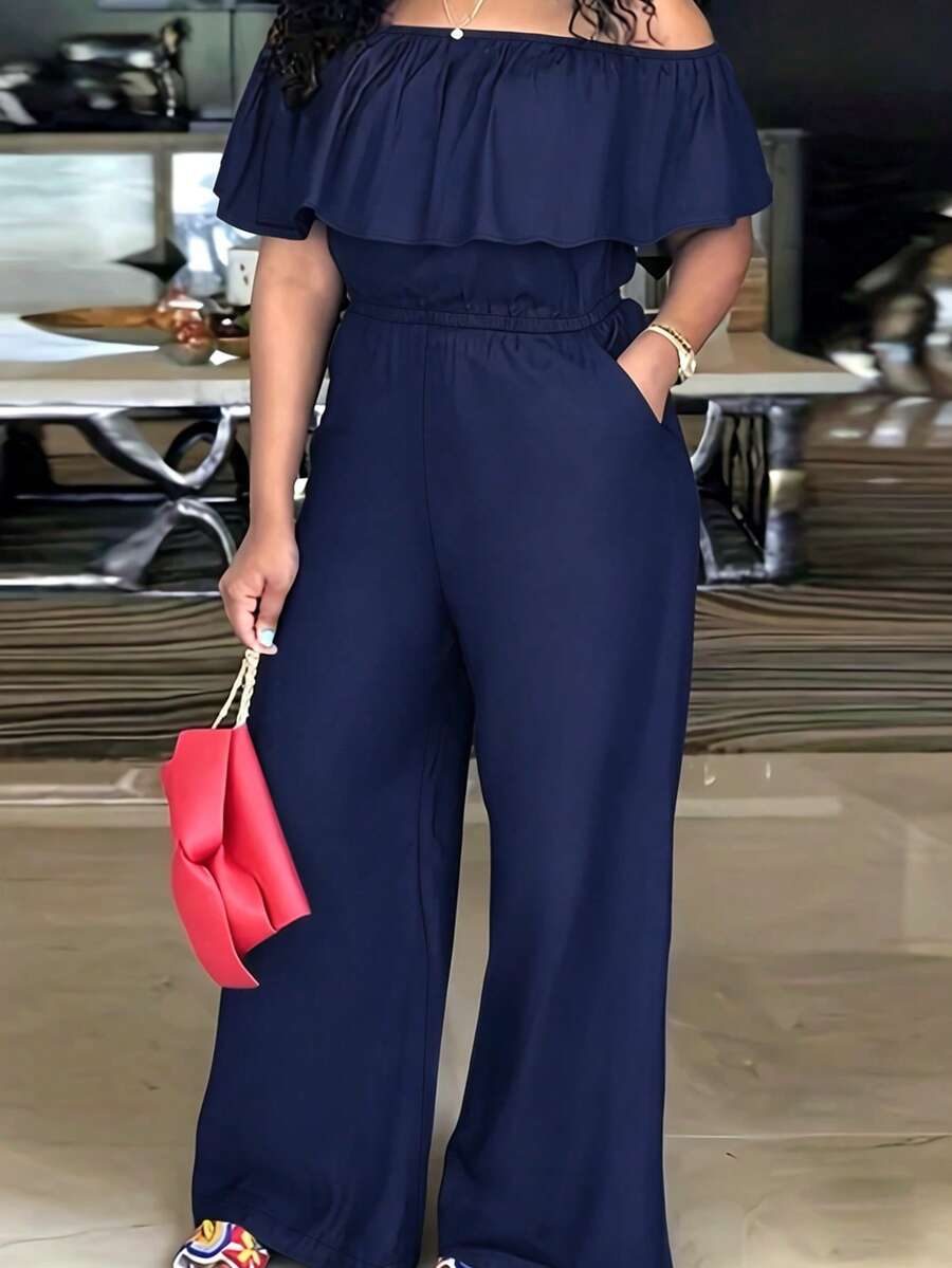 Women's Summer Casual Solid Color Ruffle Off-Shoulder Wide Leg Jumpsuit, Elegant Boho - Royal Blue - View 1