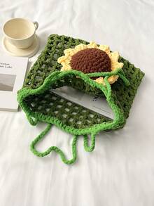 Handmade Crochet Hollow Sunflower Tote Bag, Fashionable Shoulder Bag - Green - View 6