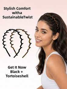 2pcs/Set Women's Zigzag Headbands - Headband & Hair Clips, Fashion Accessories For Sleek Hairstyles - Comfortable Wave Headbands | Comb Headbands | Ideal Gift For Women - Black And Tortoiseshell - Suitable For Curly And Straight Hair, Mother's Day Gift - Combination Colors - View 3
