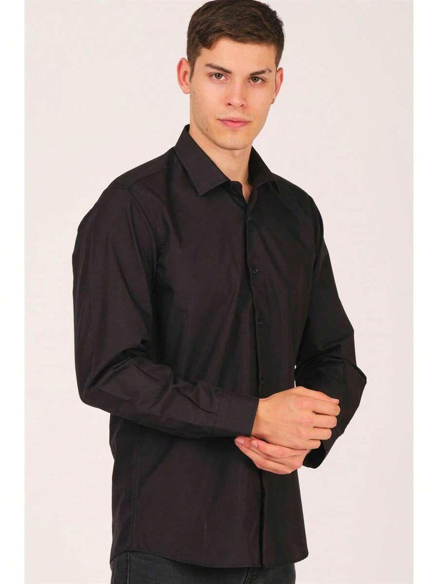 Men's Solid Color Single-Breasted Casual Versatile Daily Wear Long Sleeve Shirt - Black - View 1