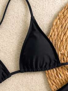 Nuevo conjunto de bikini con estampado de lunares sexy, espalda descubierta y lazo, con tirantes de espagueti para playa y piscina en vacaciones - Color negro sólido - Ver 5