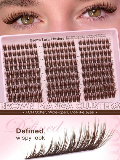 10-16mm Brown Cartoon-Style Cluster Rabbit Hair Delicate Natural Cluster Eyelash Extension, Anime Spiky Cluster Individual False Eyelashes, C-Curl Curly, Home Use