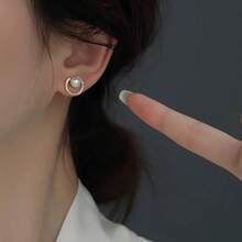 2pcs Chic Circular Zirconia & White Pearl Inlaid Design Minimalist Versatile Earrings, Suitable For Work - Multicolor - View 2