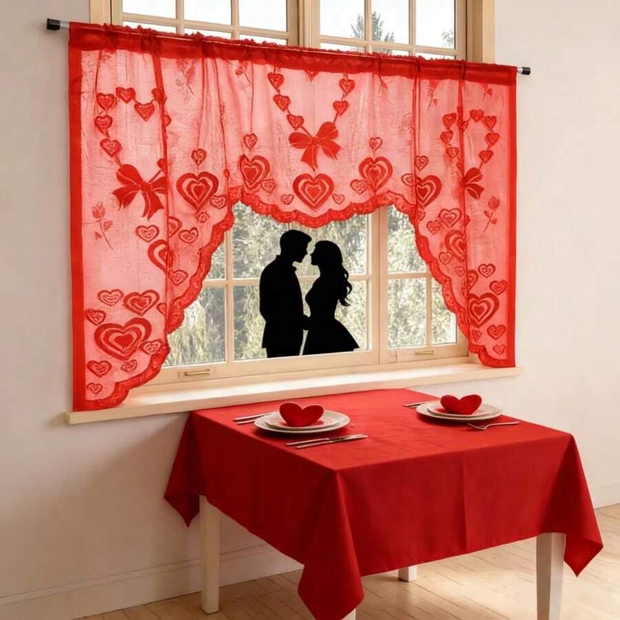 1 pieza Cortina de encaje rojo romántico con lazo de rosa en forma de corazón melocotón, cortina transparente romántica elegante para café, con bolsillo para barra, adecuada para dormitorio, comedor, baño, ventanas pequeñas de entrada, decoración de boda