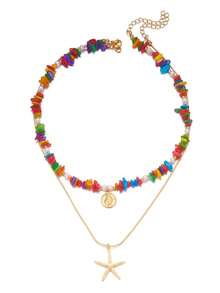 2pcs Bohemian Style Summer Beach Colorful Stone, Starfish, Shell Necklace, Jewelry For Women, Suitable For Street, Party, Beach Accessories - Starfish - View 4