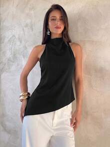 Elegant Fashion Crew Neck Mushroom Button Hollow Out Asymmetric Hem Women Tank Top, Spring/Summer New Casual Black - Black - View 2