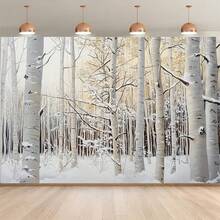 冬季雪白桦林图案背景横幅，适用于室内外庆典装饰、摄影背景、自拍墙面装饰 - 7 - 查看 1