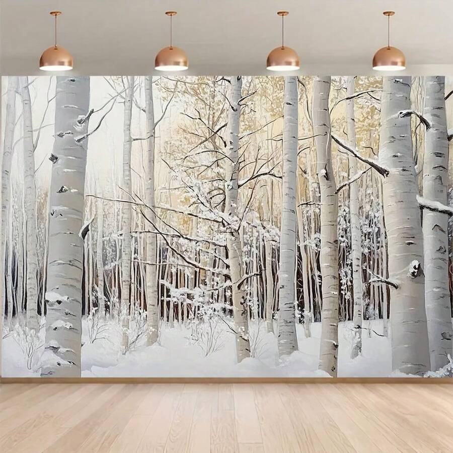 冬季雪白桦林图案背景横幅,适用于室内外庆典装饰、摄影背景、自拍墙面装饰 - 7 - 查看 1