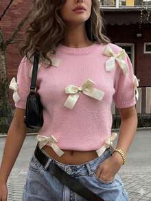 Women's Cute Bow Embellished Puff Sleeve Knit Sweater, 2026 Round Neck Short Sleeve Contrast Bow Casual Top, Preppy Style Daily Wear Pink Spring - Pink - View 2