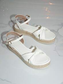 Sandalias de plataforma tejidas de cuerda de cáñamo de unicolor y casual para mujer, material de PU blanco con decoración de lazo, sandalias bohemias de resort retro con suela gruesa, suela de lona con tira de tobillo, zapatos de primavera y verano para vacaciones de primavera y Pascua - Blanco - Ver 6