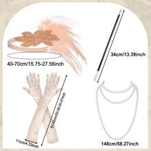 4er Set 1920er Kostüm & Accessoires inklusive Kopfschmuck, Halskette, Handschuhe und Handaccessoire, Damen 1920er Stil Kostüm & Accessoires Kombination für Maskenball, Hochzeit und verschiedene Partyanlässe - C - Übersicht 8