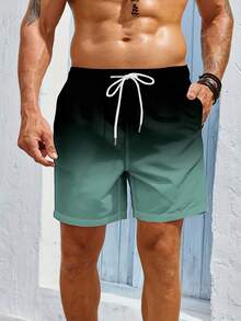 Summer Quick Drying Beach Shorts With Pocket Drawstring Elastic Waist Design, Loose And Breathable Quick Drying Five Quarter Pants, Hawaiian Style Bea - 海藍 - 查看 1