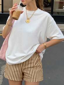 夏季休閒櫻桃印花女款短袖上衣與短褲兩件套，豹紋、波點、格紋，優雅運動派對健身學院風，白色 - 白色 - 查看 4
