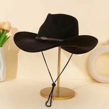 Classic Cowboy Hat For Men Women Brown/Black/Tan Western Style,Soft Suede-Feel , Wide Brim Felt Fedora With Braided Leather Band & Adjustable Chin Strap, UV Protection Vintage Style Sun Hat For Men Women, Rodeo & Outdoor Use - Multicolor - View 8