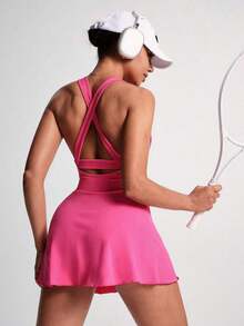 TCVC Vestido deportivo de tirantes para mujer, vestido de tenis de cuello redondo con pantalón corto de con espalda de tirantes cruzados, de tela suave y ajustada, para deportes y yoga en interiores/exteriores, negro de verano - Rosa Fucsia - Ver 4