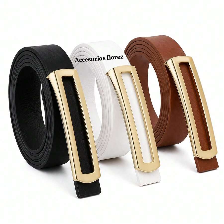 Set Of 3 Fashionable Women's Belts With Gold Buckle - Hitam, Putih, Karamel - View 1