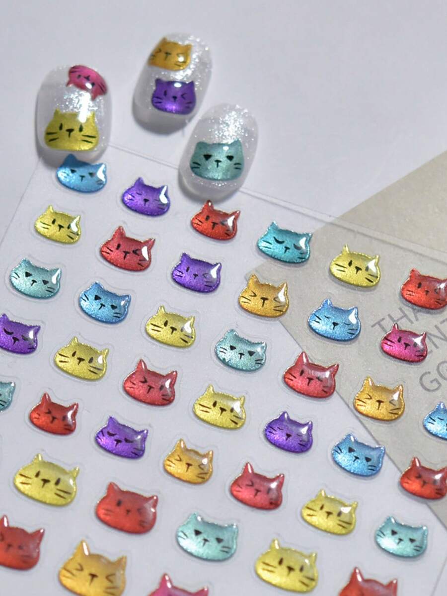 1片5D果冻彩色可爱猫咪美甲贴纸,日式卡通激光动物美甲装饰贴花配件,DIY按压式美甲贴片 - 彩色 - 查看 1