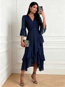 Solid Color Elegant Vacation Pleated Flare Sleeve Ruffle Hem Midi Dress, Summer - Navy Blue - View 3