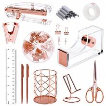 Rose Gold / Gold Office Supplies And Accessories Set, Acrylic Stapler Set For Back To School Season, Staple Remover, Phone Holder, Pen Holder, Scissor, Ruler, Transparent Tape, Back To School Dormitory Storage - Nhiều màu - Xem 2