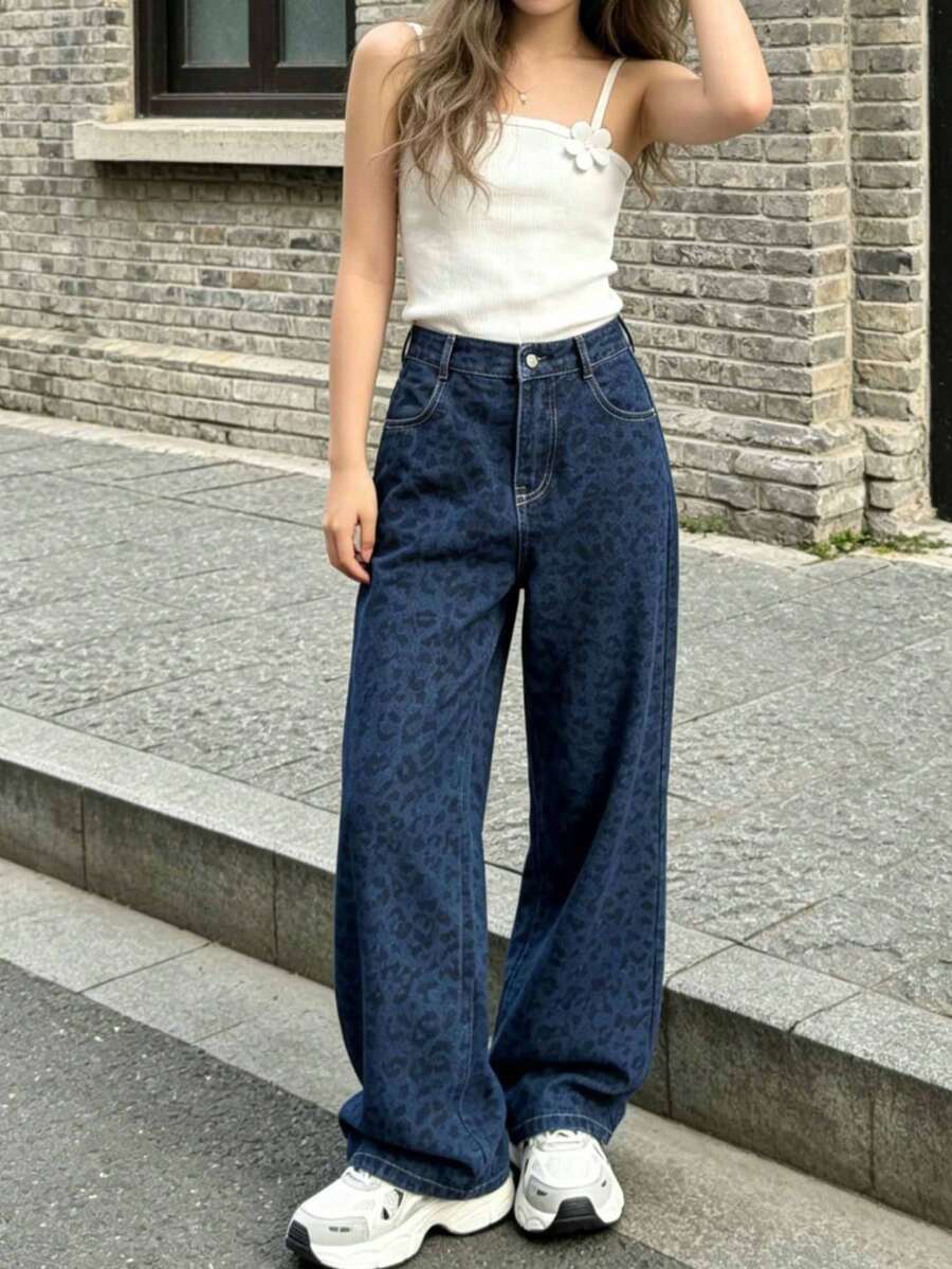 1件装女童休闲宽松复古豹纹直筒牛仔裤,时尚户外日常穿着,夏季 - 藍色 - 查看 1