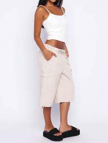 Women Summer Outing Casual Cargo Shorts With Drawstring Waist And Adjustable Tie Hem Cuffs Cream Polyester Long Shorts For Summer Going Out Casual Vacation , Suitable For Beach Vacation  Everyday Casual Wear - trắng - Xem 5